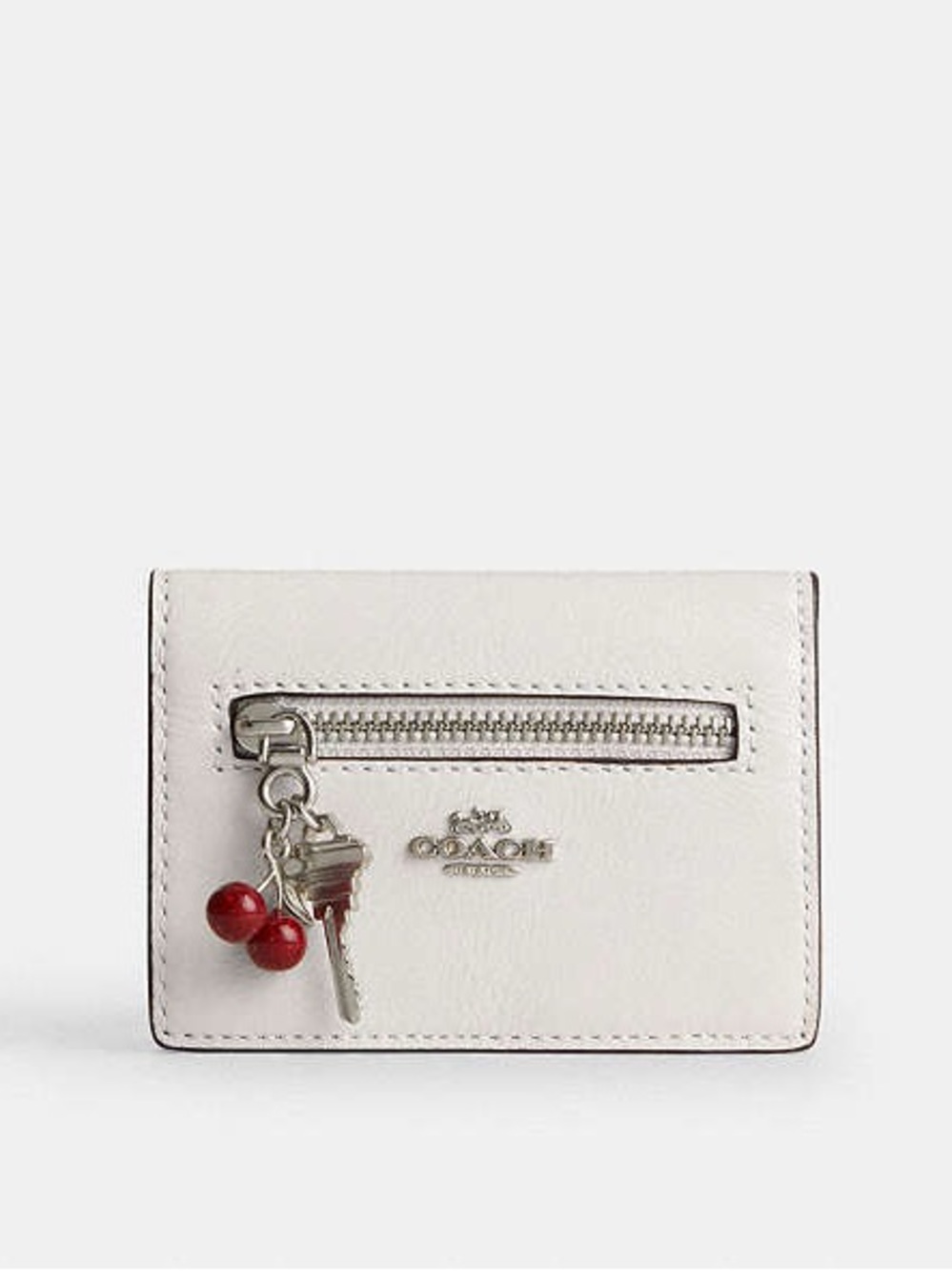 Coach White Leather Card Case with Red Cherry Charm and Key Charm - New
